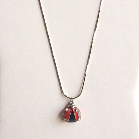 Ladybug Necklace Charm Pendant Red Enamel Crystal Silver Plated Insect 20" Chain - Picture 9 of 12